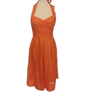 Jack Rogers 50s Style Fit & Flare Orange Eyelet Halter Midi Dress -Sz 8 (Fits 6)